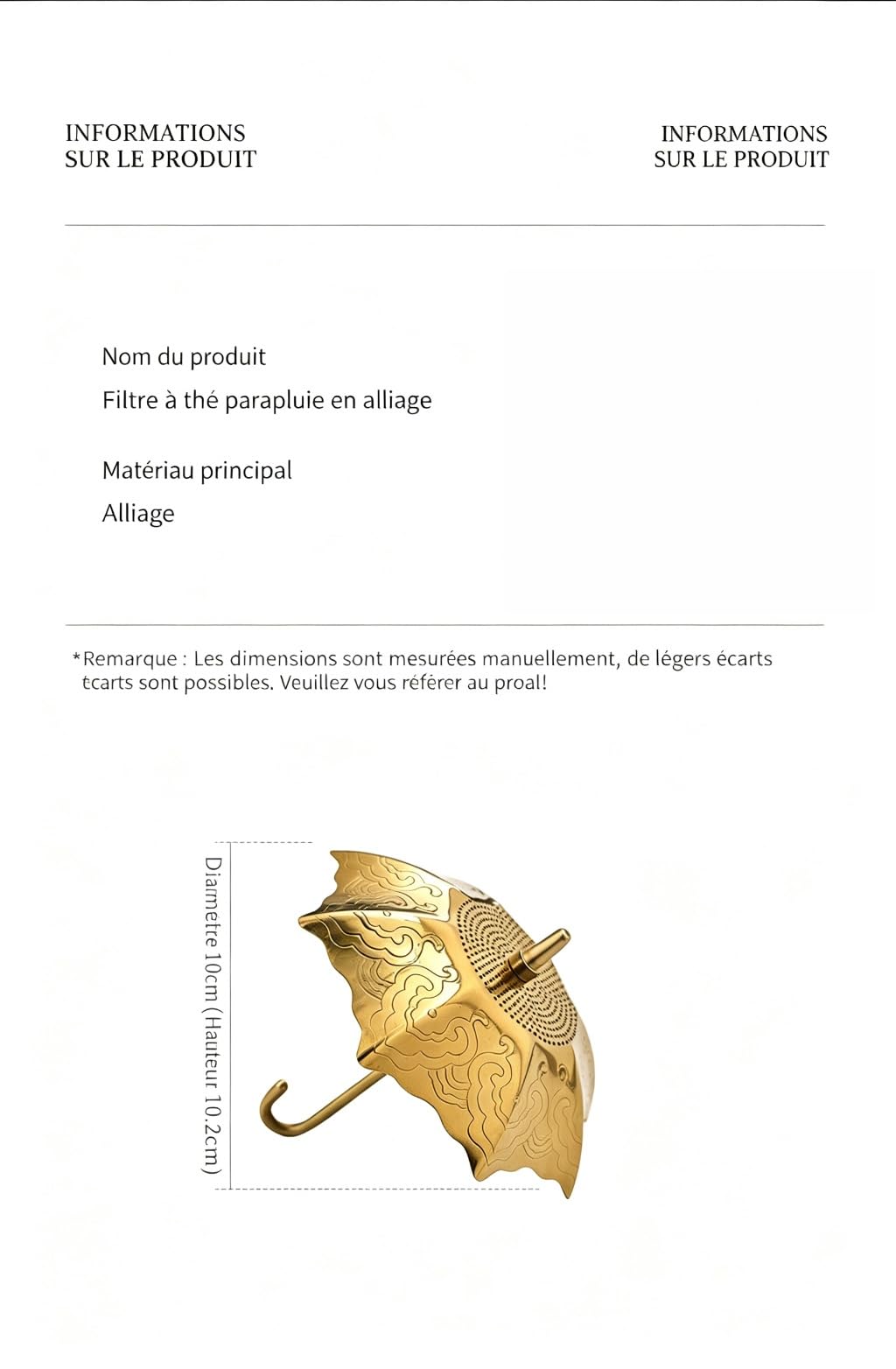 Accesorio de filtración de té en forma de paraguas - Pasapapero de té de acero inoxidable 304 con asas aislantes - Apto para tazas, teteras y escritorios - Modelo dorado ([oro] + soporte)