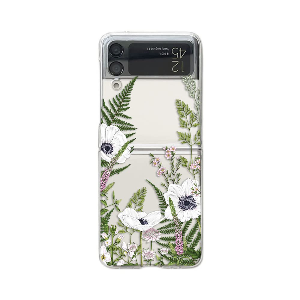 Peachy Lifefor Samsung Galaxy Z Flip 4 Case, Cute Flower with Plants Botanical Floral Style Hard PC Protective Clear Case Compatible with Samsung Galaxy Z Flip 4 (Big White Flowers)