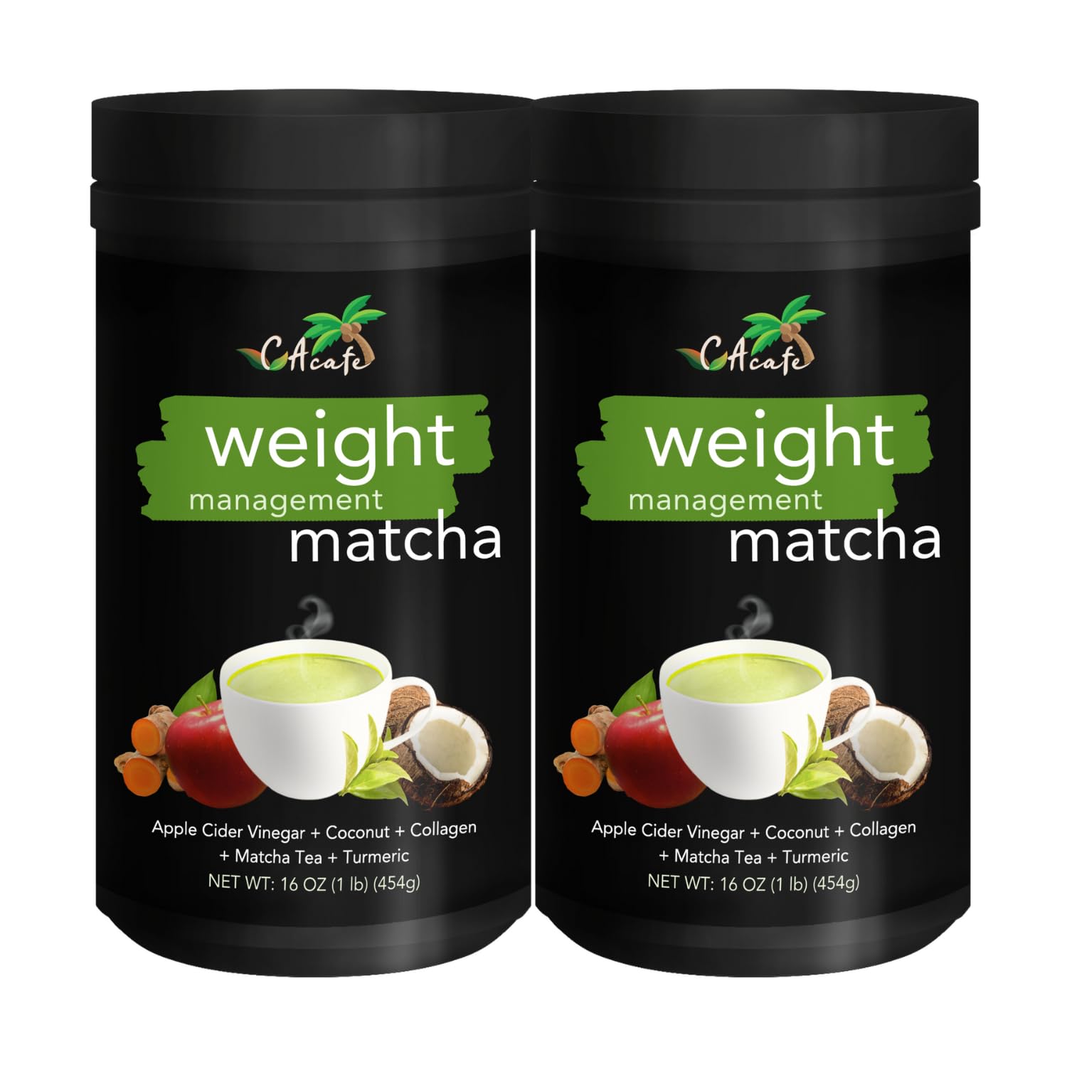 CAcafe Apple Cider Vinegar Turmeric Matcha Tea | 9g Protein | Ultimate Superfoods Blend of ACV, Turmeric, Collagen, Coconut, and Japanese Matcha Tea | Hot or Cold Instant Mix | Non-GMO (2-Pack)