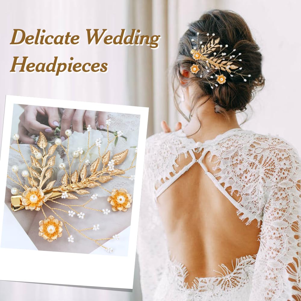 7 Pieces Gold Metal Party Prom Wedding Bridal Pearl Rhinestone Flower Hair Clips Barrettes+U-shaped Leaf Hairpins Headpieces Accessories for Brides Bridesmaids Women Girls - Image 5