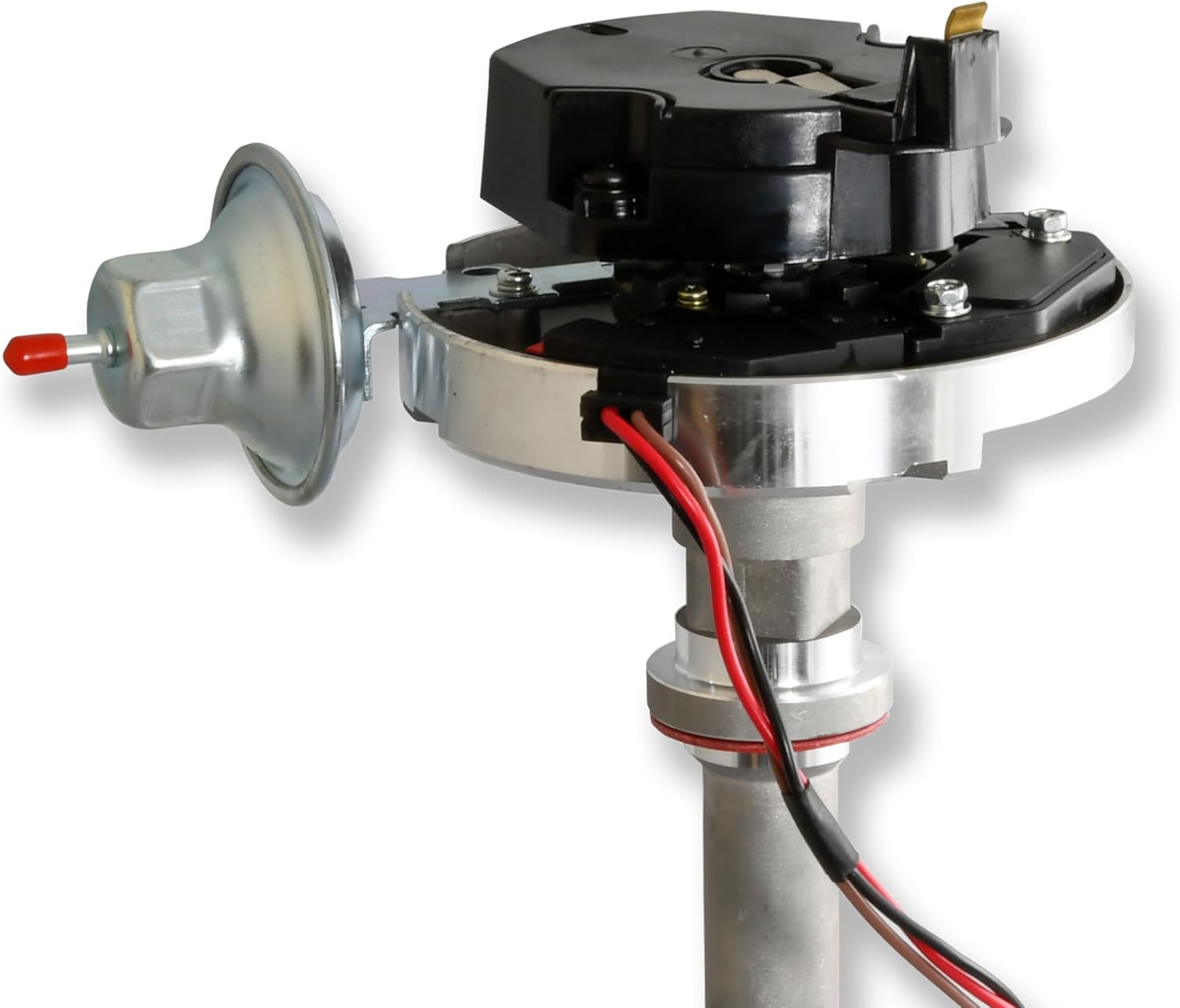 Pertronix D1060 Flame-Thrower Stock Look HEI Distributor Chevy SB/BB with adjustable vacuum advance canister high dielectric strength black cap and rotor with brass terminals