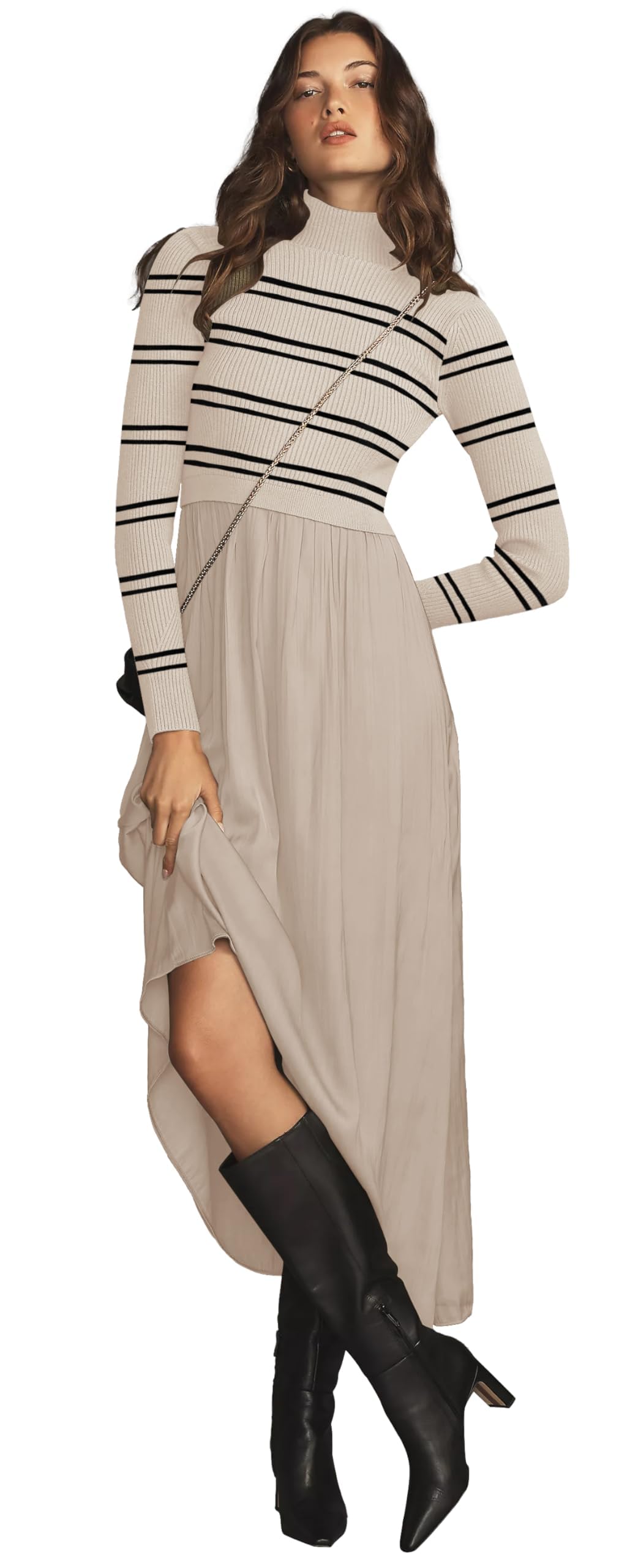 Womes Mock Turtleneck Long Sleeve Ribbed Knit Pullover Tops Fashion Long Maxi Dress
