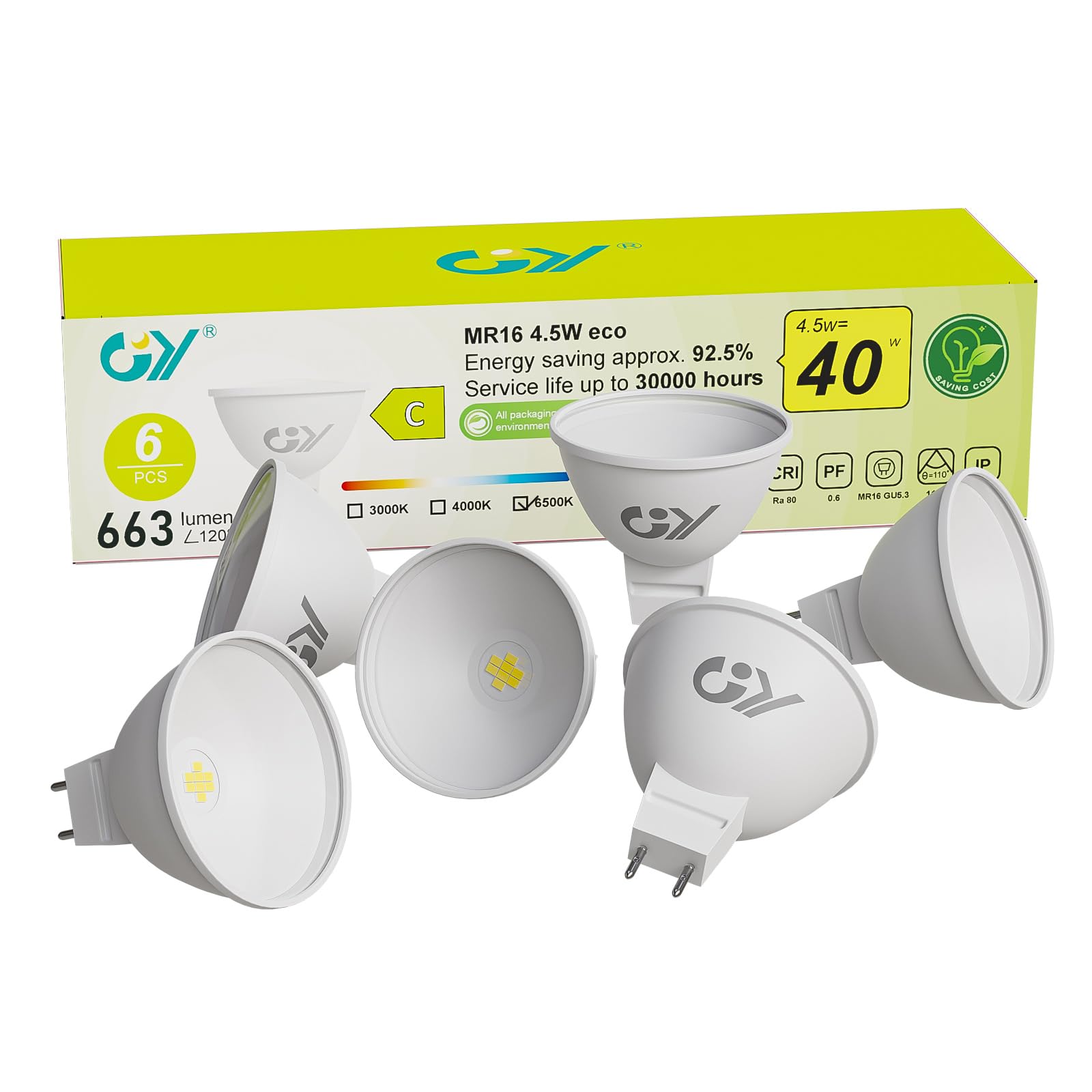 GY GU5.3 LED Kaltweiss Lampe, 12V MR16 LED 4,5W 663 Lumen 6500K Kaltweiß, 40W lampe ersetzt, AC/DC Flimmerfrei Led, Abstrahlwinkel 120° Leuchtmittel, Nicht Dimmbar Energiesparlampe, 6 stück