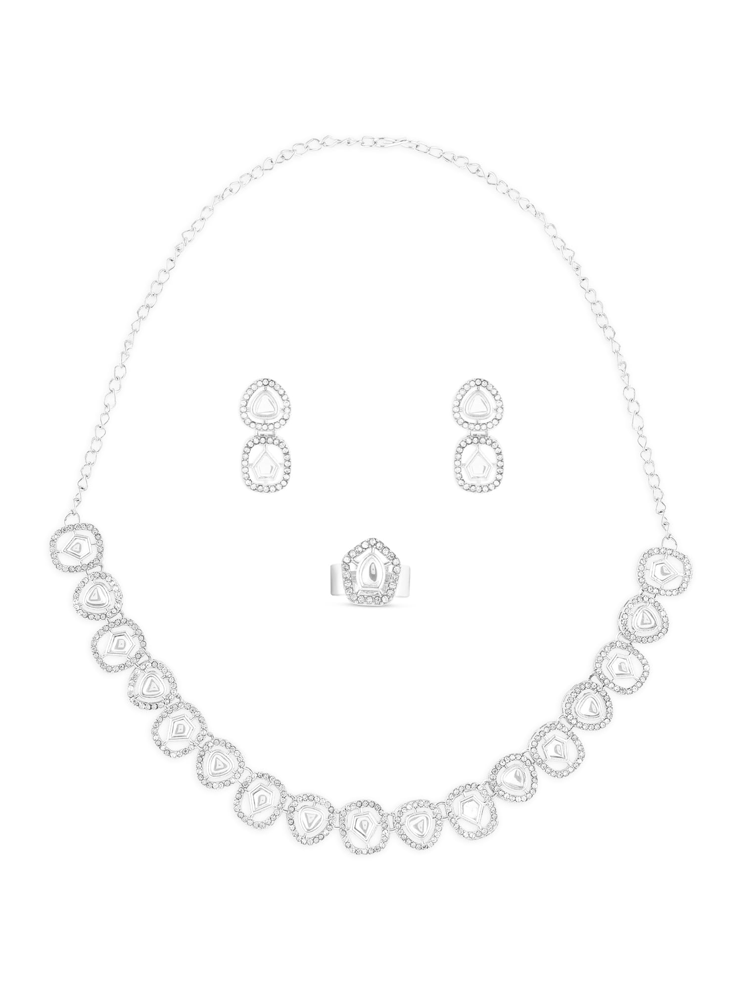 ZAVERI PEARLS Silver Tone Dazzling Austrian Diamonds Contemporary Necklace Earring & Ring Set For Women-ZPFK17288 (B0CTF6463F) Amazon Price History, Amazon Price Tracker