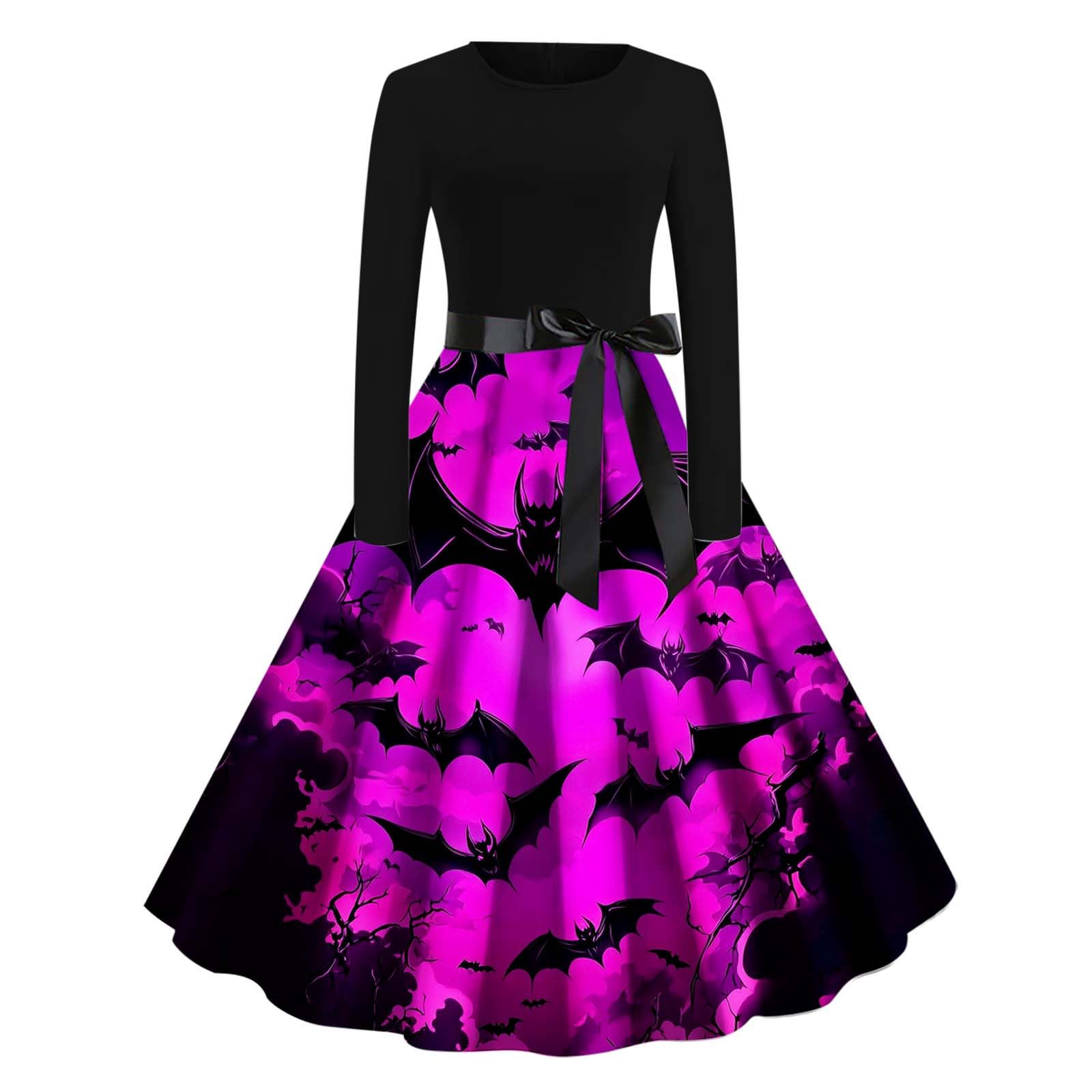HAOLEI Halloween Costumes Adult Women, Ladies Halloween Dress Retro Pumpkin Skeleton Print Long Sleeve A Line Swing Dress Black Vintage Skull Witch Rockabilly Party Cocktail Novelty Dresses