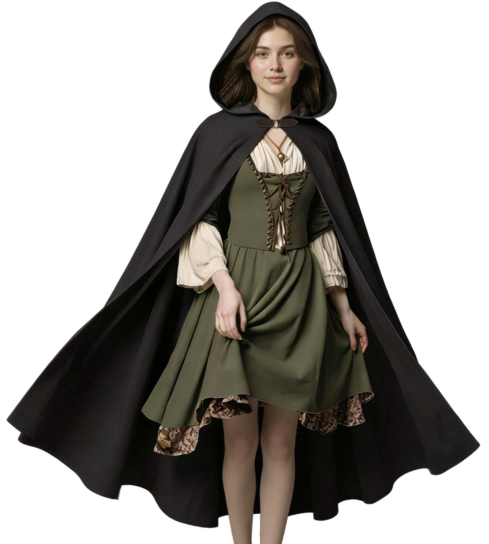 FSUJWOA Renaissance Hooded Cape Medieval Costumes with Hood Cloak Halloween Costume (Black, Style-2)