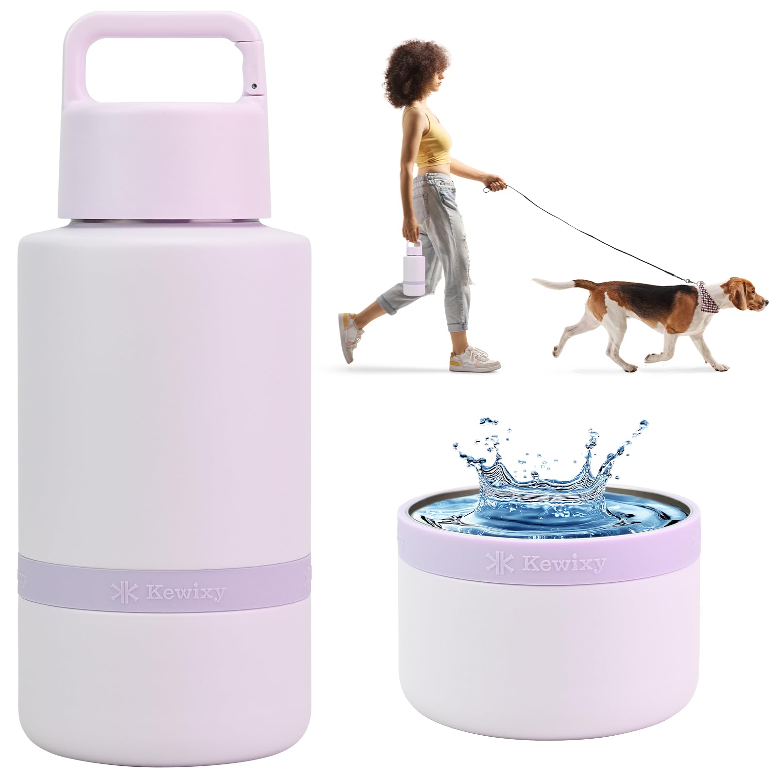 KEWIXY Insulated Dog Water Bottle with Travel Bowl, Dog Lover Gift, Portable Water Bottle Dispenser, Accessories for Car, Hiking, Camping, Outdoor, Leak-Proof, Detachable (Pale Mauve)