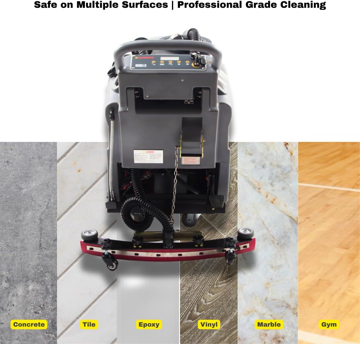 Various brushes and pads for the SUNMAX RT50D: white heavy-duty brush, red scrubbing/buffing pad, white polishing pad, and black stripping pad.