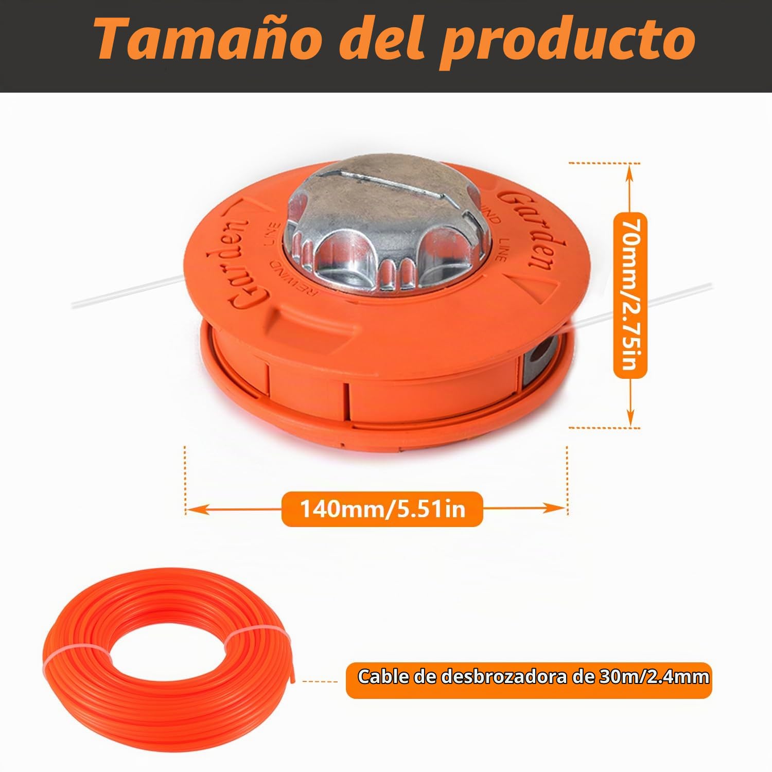 Cabezal de bobina de repuesto M10 x 1,25 mm para desbrozadora, cable izquierdo con hilo de 30 m x 2,4 mm, color naranja