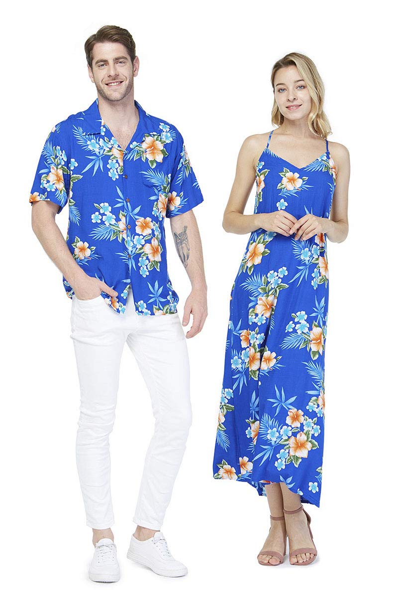 Matchable Couple Hawaiian Luau Shirt or Sweetheart Maxi Dress in Hibiscus Blue