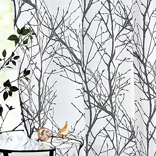 Tree Branch Semi -Sheer Curtain Set Living Room White and Black Sheer Curtains 90 inch Privacy & Light Filtering Linen Textured Eyelet Curtains Botanical Pattern Drapes for Balcony 50"wide 2pcs