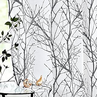 Tree Branch Semi -Sheer Curtain Set Living Room White and Black Sheer Curtains 90 inch Privacy & Light Filtering Linen Textured Eyelet Curtains Botanical Pattern Drapes for Balcony 50"wide 2pcs