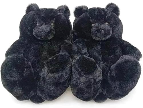 PHRX Women's Plush Teddy Bear Slippers - Fluffy Winter Indoor Slippers, Cute Fuzzy Warm Slides for Bedroom, Ladies Comfortable Home Cotton Shoes (Black)