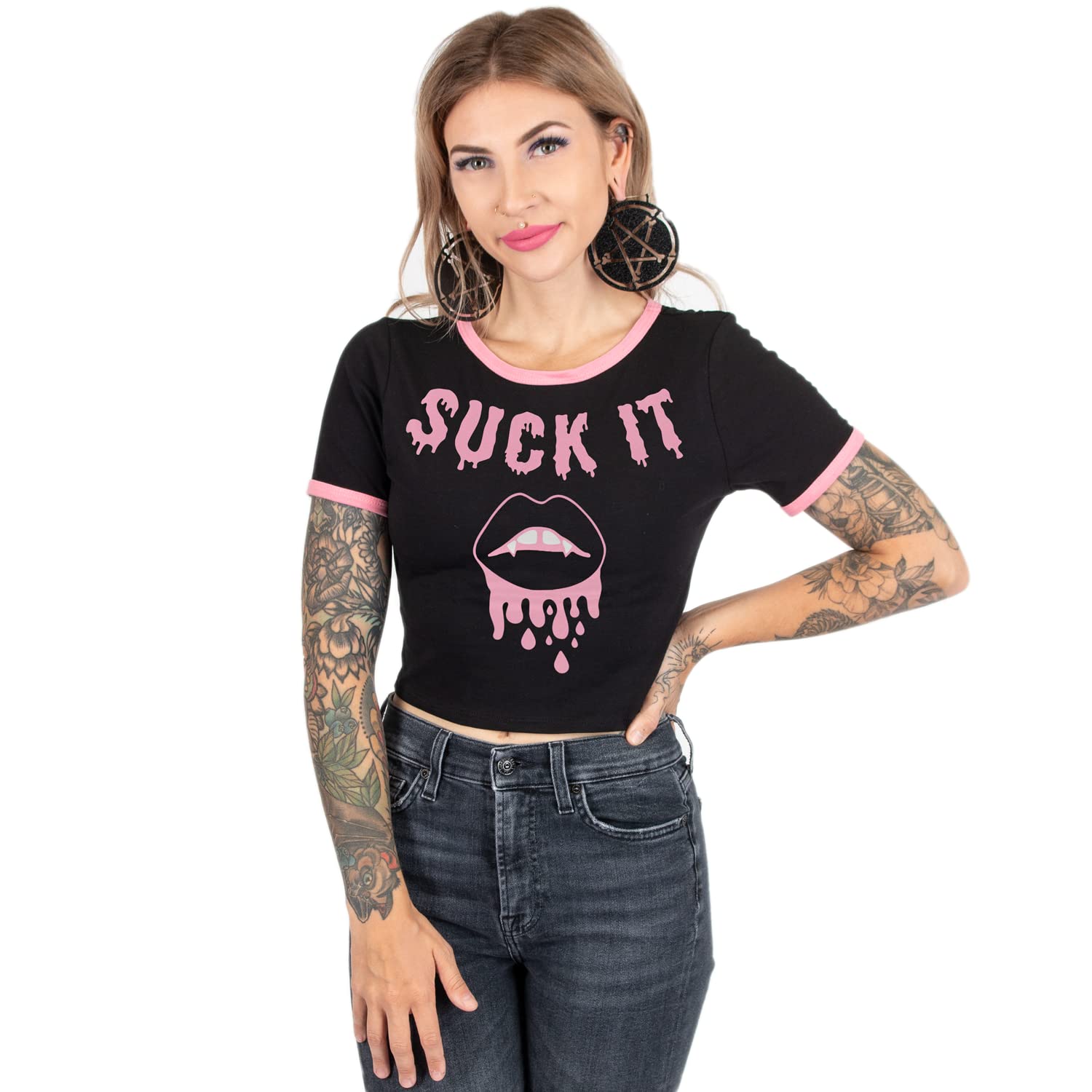 Suck It Vamp Lips Plus Size Cropped Baby Tee Ringer