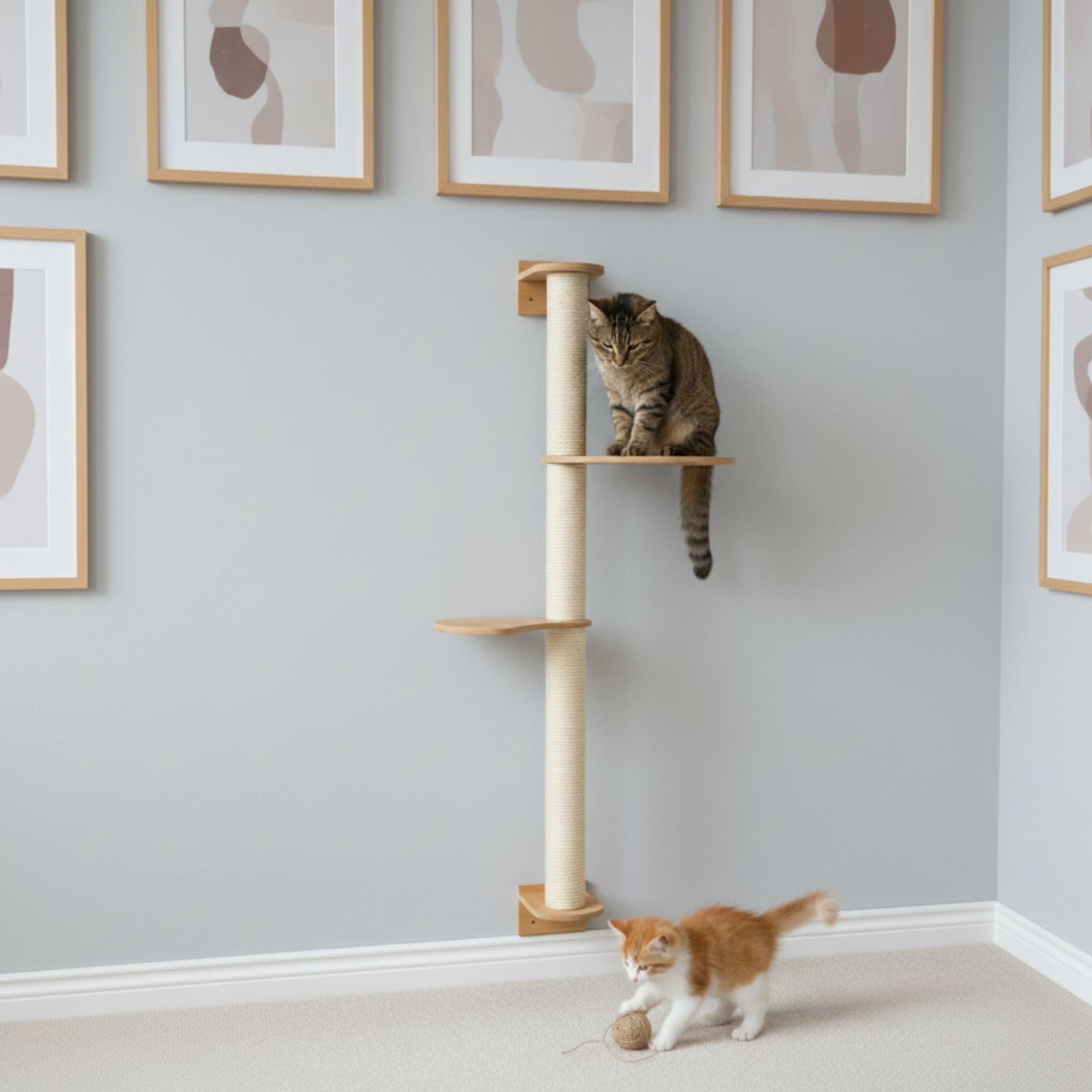 eyepower 130 cm Rascador de Pared Luna con 2 Plataformas de Bambú - Árbol para Gatos con Estanteria - Columna de Sisal Natural - Recorrido de Estantes - Torre Gato Estable - Poste Alto Fijación Mural