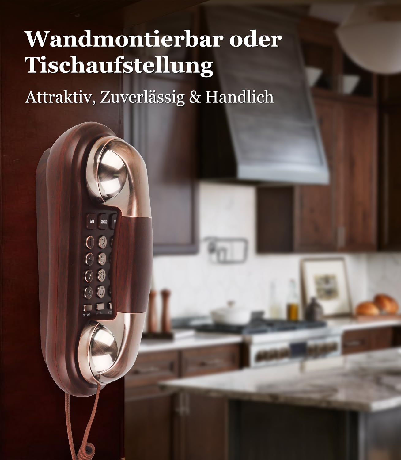 Retro Telefon Wandtelefon mit Metallklingel Vintage Schnurtelefon, Analog, Lautstärkeregler, Nostalgie Telefon, altes Telefon mit EIN-Tasten-Wahl Ideal für Zuhause, Küche, Büro, Haustelefon