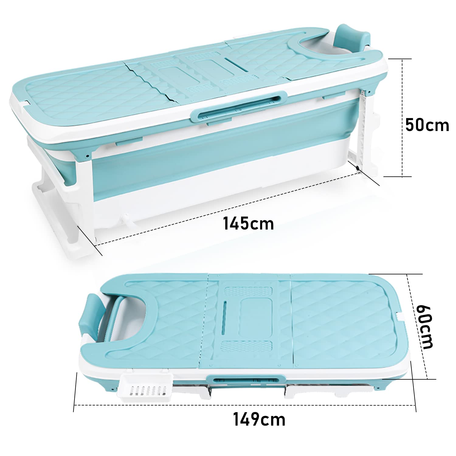 Daromigo 149 x 60 x 50 cm XXL plegable bañera para adultos, bañera portátil plegable móvil con cubierta y rodillos de masaje, bañera móvil plegable para adultos para baño, ducha y balcón