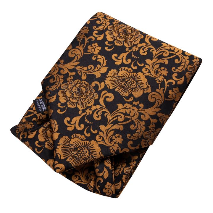 Image of Hi-Tie Silk Ascot for Men Self Tie Men's Cravat and Flower Lapel Pin Handkerchief Cufflinks Set for Wedding Party