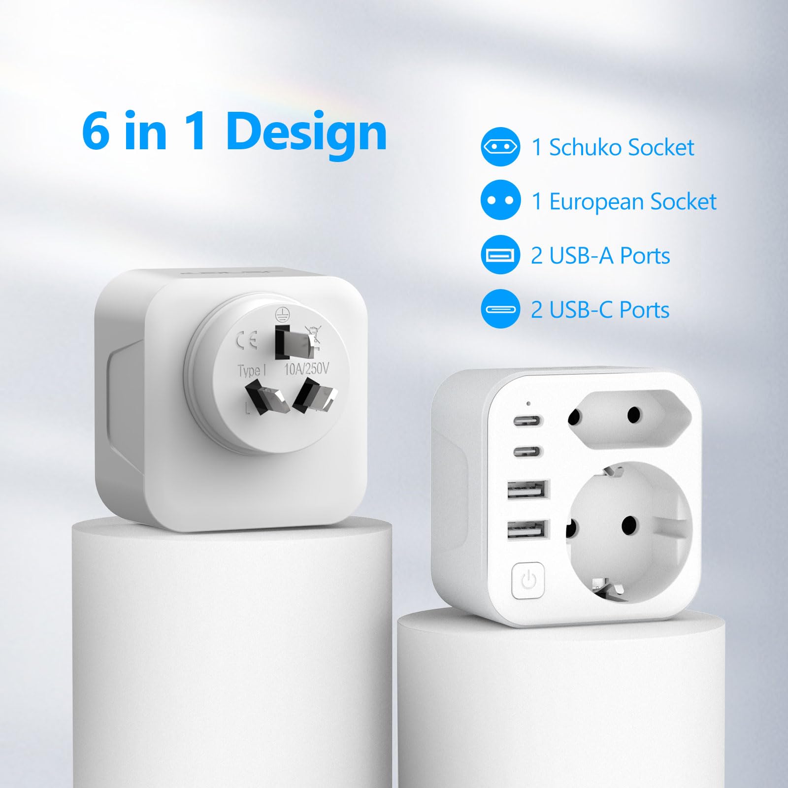 JSVER Adaptateur Prise Australie/Chine 6 en 1 Type I Voyage France vers Australie Argentine avec 2 USB A 2 Type C 17W 2 Prise Blanc