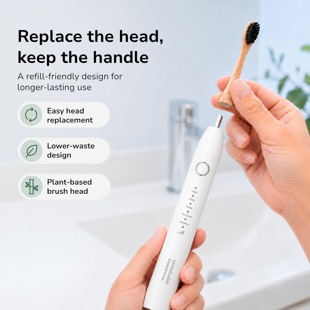 Sustainable Tomorrow Zen Bamboo Spazzolino da denti elettrico per adulti, modello wireless perlato, ricaricabile con setole morbide a base vegetale, teste in bambù, 5 modalità e batteria a lunga