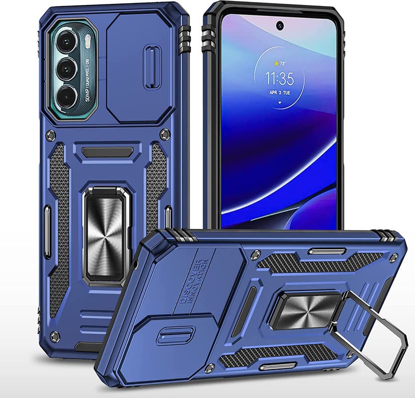 SkyTree Moto G Stylus 5G (2022), Robotic Sliding Camera Window Shock Proof Thunder Case, Dual Layer Hybrid Shockproof Back Cover Case with Kickstand for Motorola Moto G Stylus 5G (2022) – Blue