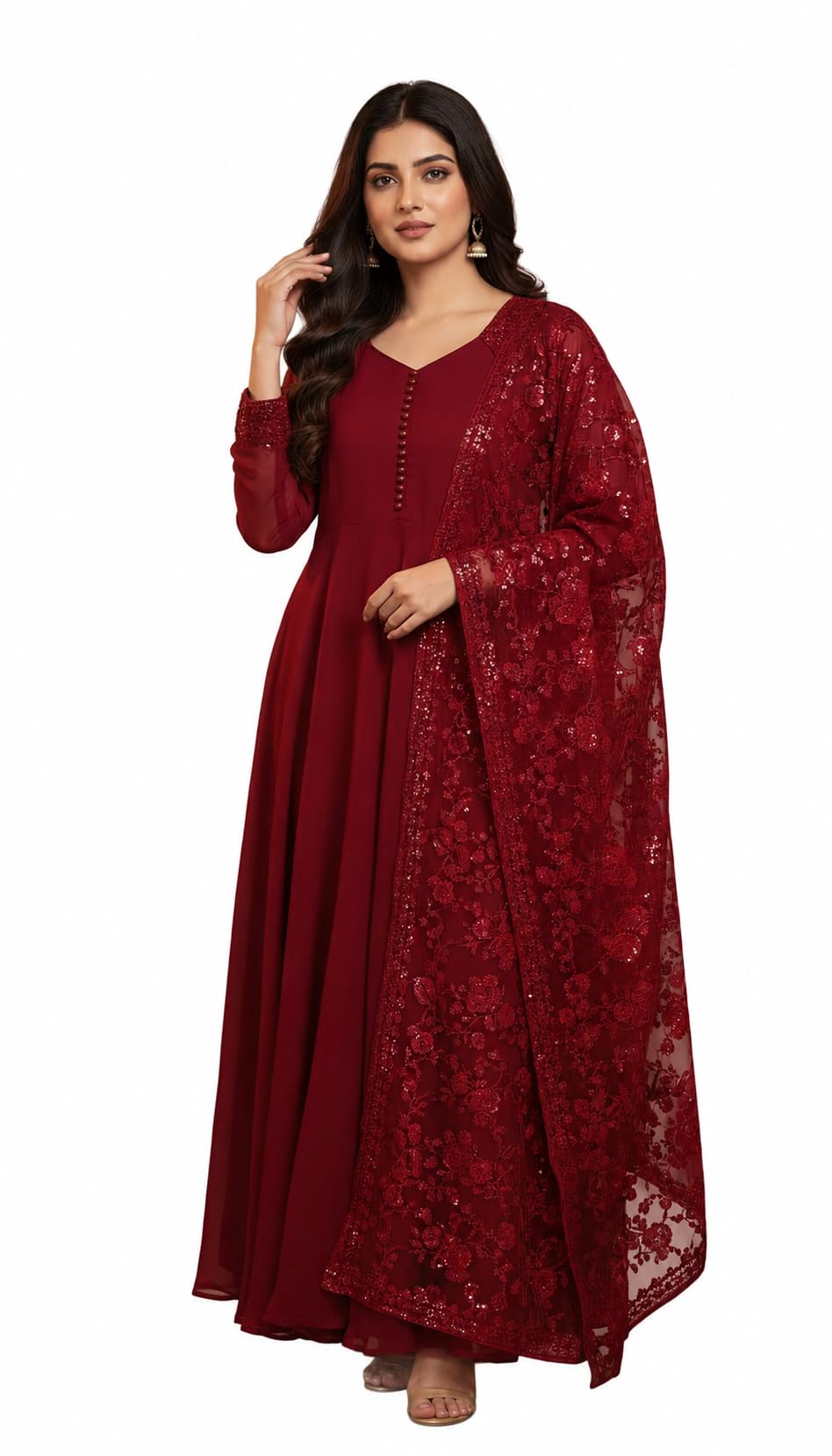 varnika lifestyle Maroon Georgette Anarkali Gown with Heavy Sequin Embroidered Net Dupatta | Women's Festive & Wedding Ethnic Wear-picture-12