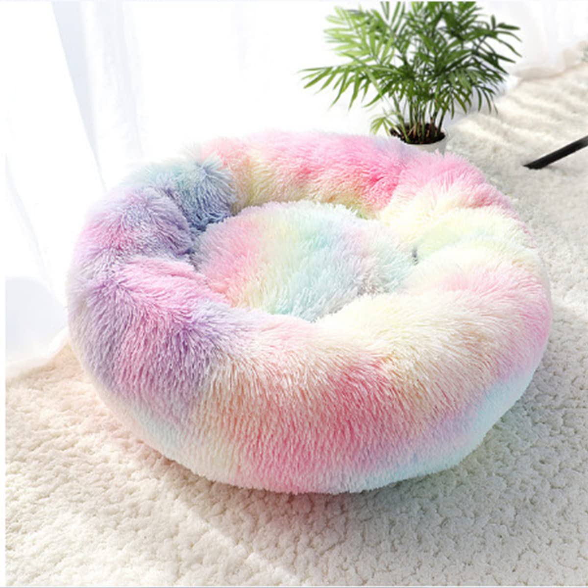 Calming Dog Bed Cat Bed, Washable Round Dog Bed Anti-Slip Fluffy Faux Plush Donut Cuddler Cat Bed for Small Medium Large Dogs - Waterproof Bottom diameter35in