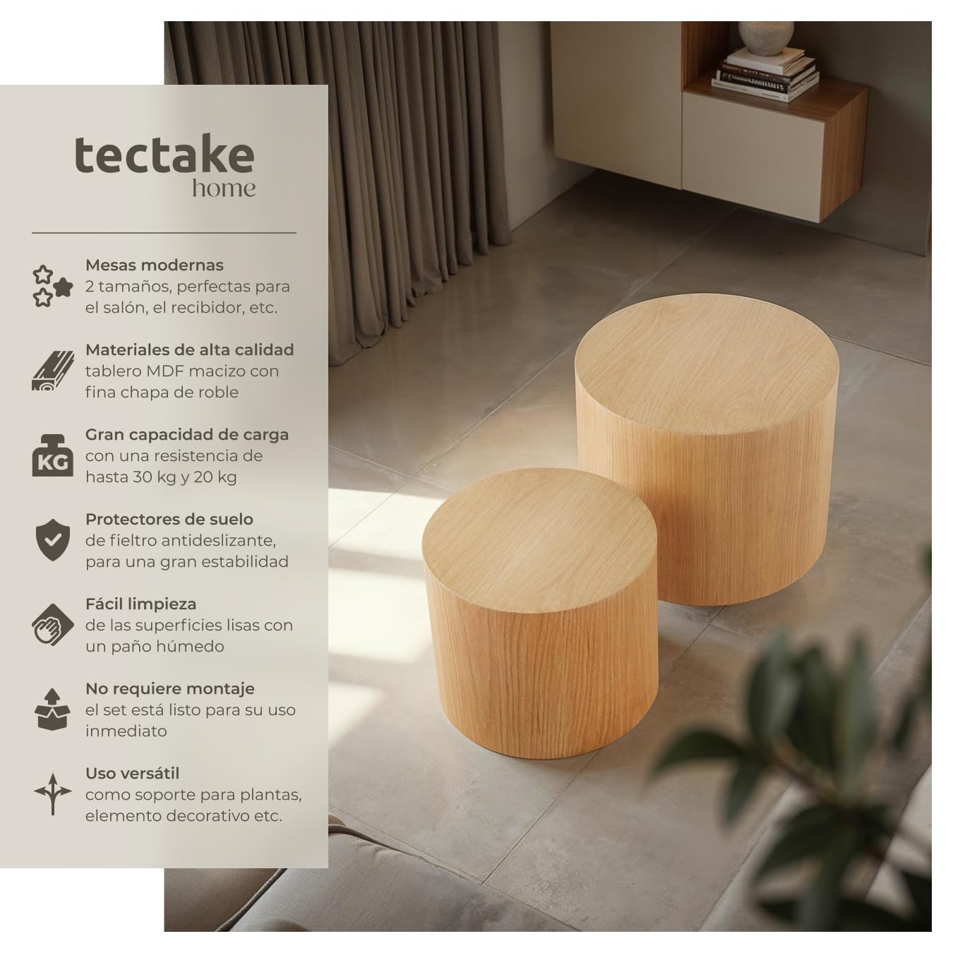 tectake® Juego de mesas auxiliares Redondas, Mesa Redonda pequeña Ideal como Mesa Auxiliar Salon, Mueble Auxiliar Salon, mesas Redondas Estilo Moderno - Roble Claro