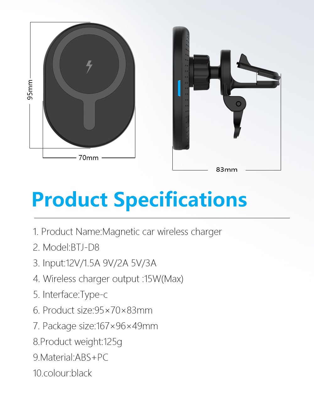 VORTEX BD8A15W magnetyczna bezprzewodowa ładowarka samochodowa do iPhone 12/12mini/12Pro/12Pro Max/13mini/13Pro/13Pro Max/14Pro/14Pro Max/15Pro/15Pro Max