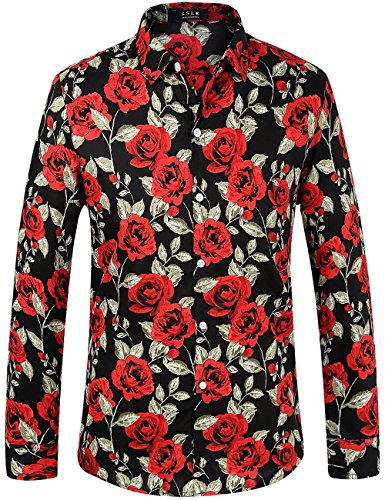 SSLR Men's Floral Cotton Button Down Long Sleeve Hawaiian Shirt (Large, Black Rose)