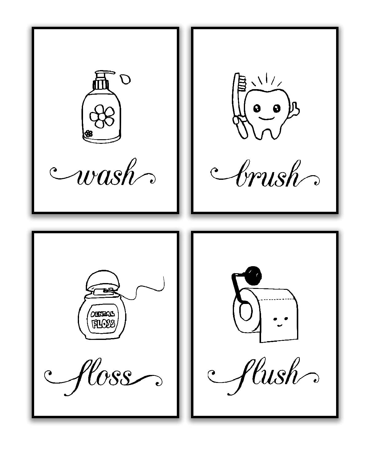 Bathroom Quote Art Print,Wash Brush Floss Flush Toilet Rules Sign Modern Minimalist Lettering Wall Art For Washroom (Set Of 4,8”X10”, Unframed)