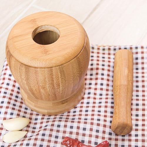 Miniatura 2 de Juego de mortero y mortero de bambú con tapa, molinillo de especias de cocina, herramientas de cocina para mezcla de especias de hierbas, tazón de