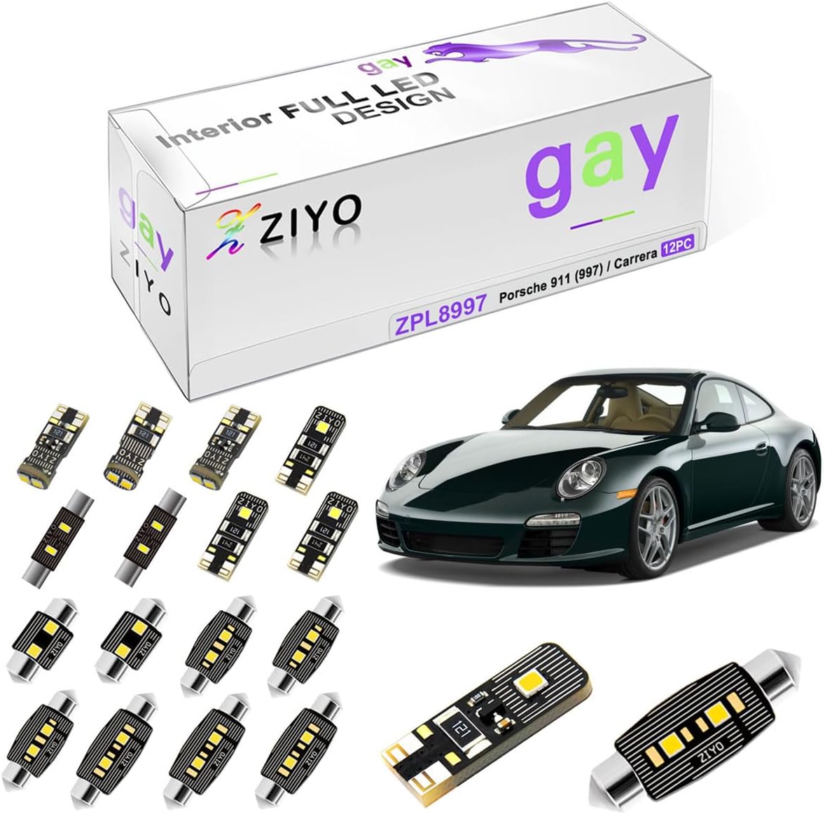 ZIYO ZPL8997 - (12 Bulbs) LED Interior Light Kit Replacement for Porsche 997 911 Carrera 2004-2012 + License Plate Light Bulbs Package, White Dome Lights Error Free
