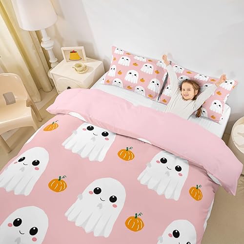 Miniatura 3 de Juego de funda de edredón con estampado rosa y blanco dibujado a mano, tamaño King, funda de edredón de calabaza en acuarela de Halloween con 2