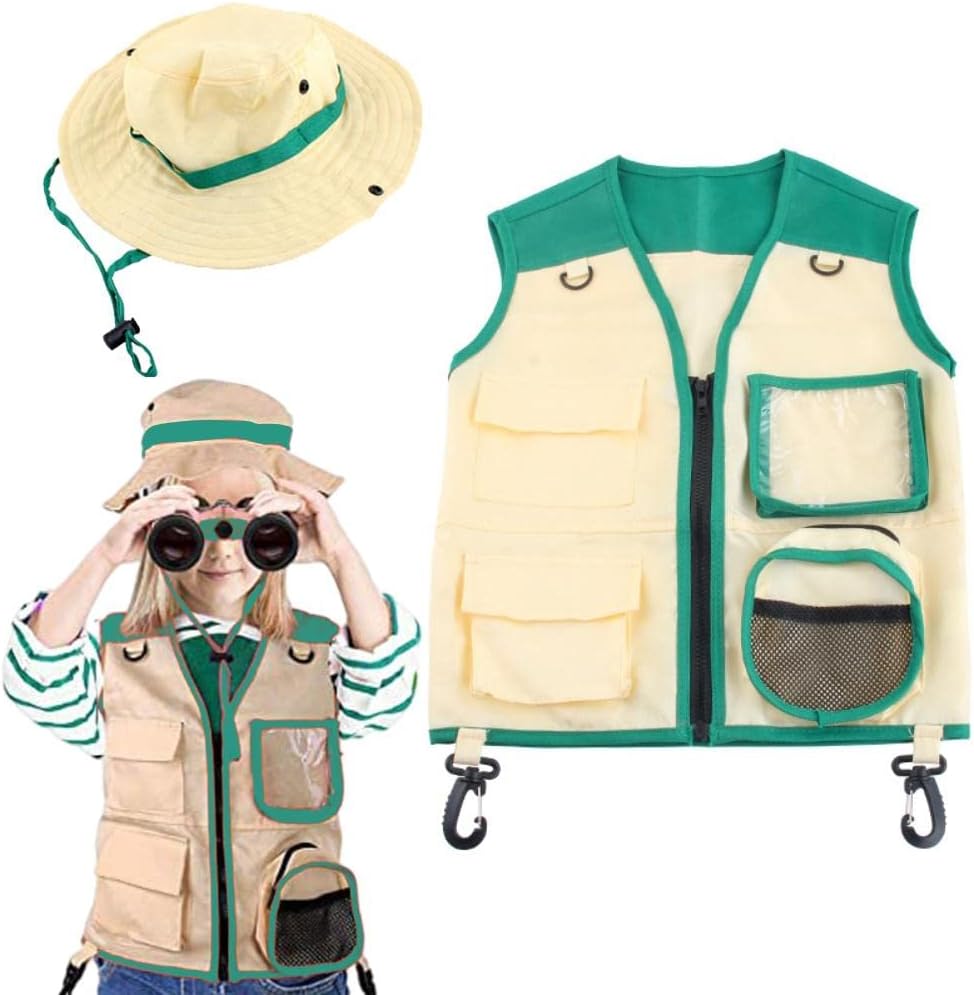 JTLB Kids Explorer Costume Set, 2Pcs Safari Vest and Hat for Outdoor Adventure, Bird Watching, with Washable Fabric (Green)