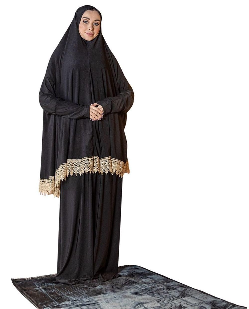 Womens Prayer Dress 2 Pieces Solid Color Plus Long Sleeve One-Size Hijab Abaya Suit