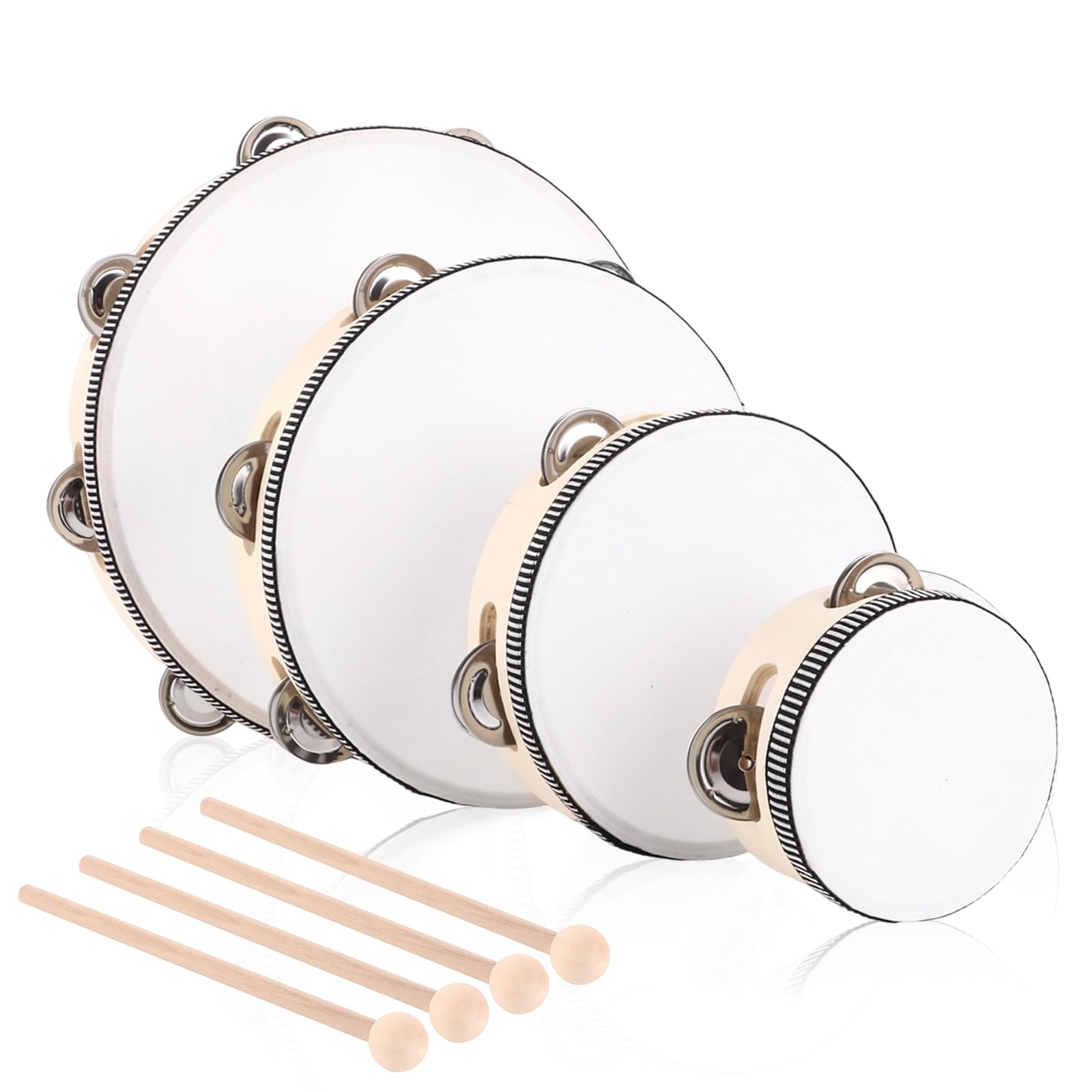 MIVIDE 4-Teilig Handtrommel mit Schlägel, Holz Tambourin, Handtrommel Set für Party, Leistungen(4zoll, 6zoll, 8zoll und 10zoll)