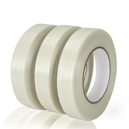 3 rollos de cinta de fleje de filamento de 5.4 mil x 0.945 in x 60 yardas, cinta de embalaje reforzada resistente