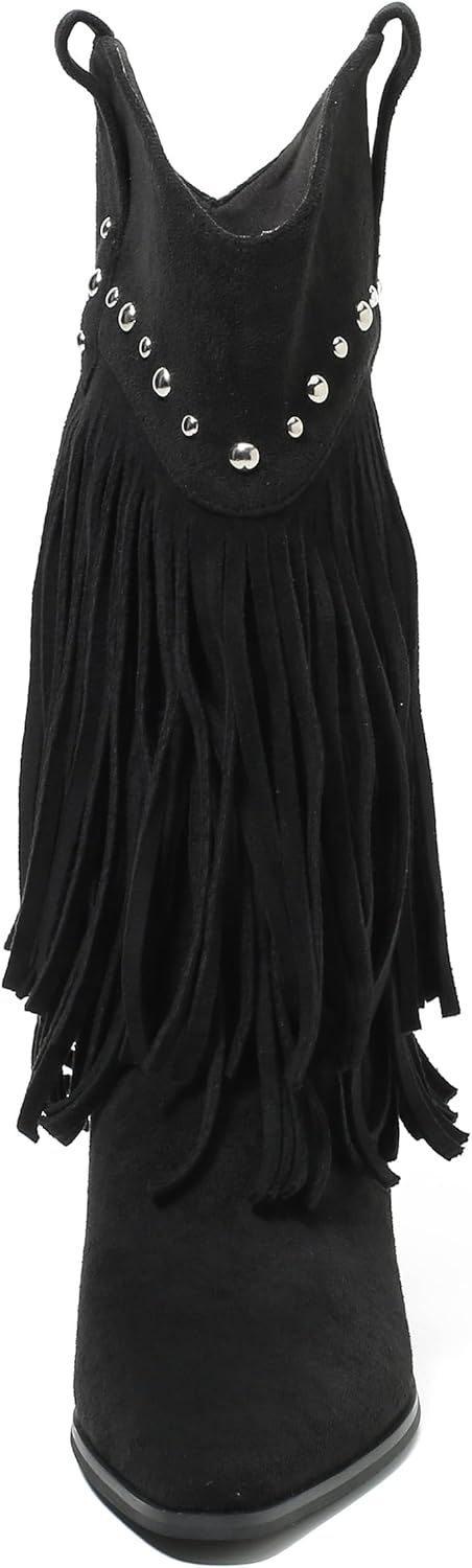 fereshte Women's Western Fringe Boots, Mid-Calf Cowgirl Boot with Studded Detail, Stacked Block Heel, Layered Tassel Design