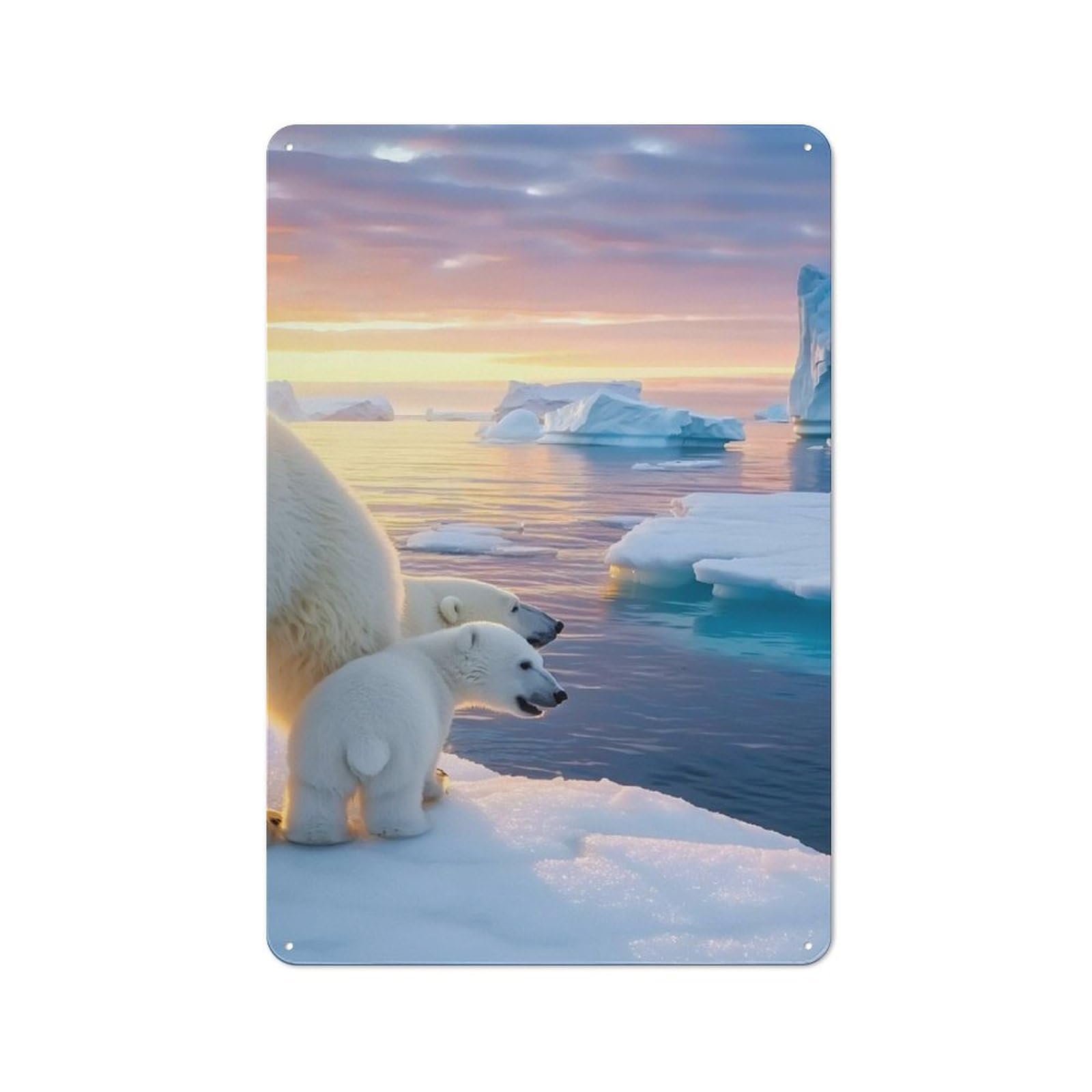 Junmoney Style-15 Vintage Metal Plaque 30X20cm Featuring Polar Bear Family At Sunset For Hallway Wall, For Wall Display Collectors