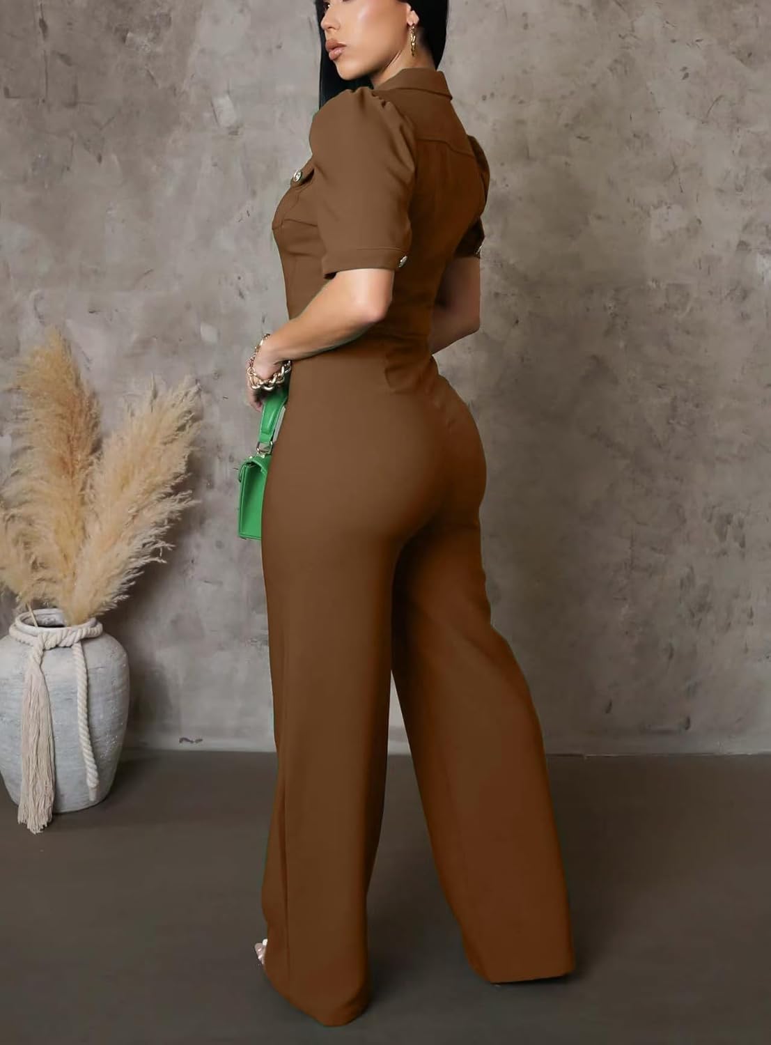 Women's fashionable, sexy, elegant, high waisted, wide leg pants, club business party button jumpsuit - Image 4