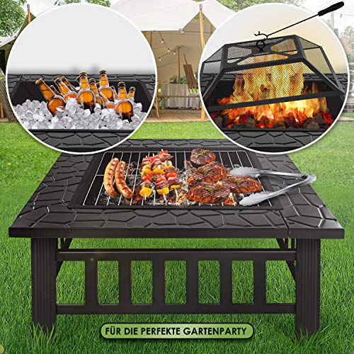 KESSER® Feuerstelle mit Grillrost & Grillzange Feuerschale 82x82x50cm, 3in1 Multifunktional Fire Pit für Heizung/BBQ Grill, Garten Terrasse, Metall Feuerkorb mit Schutzhülle Schürhaken Funkenschutz – Bild 4