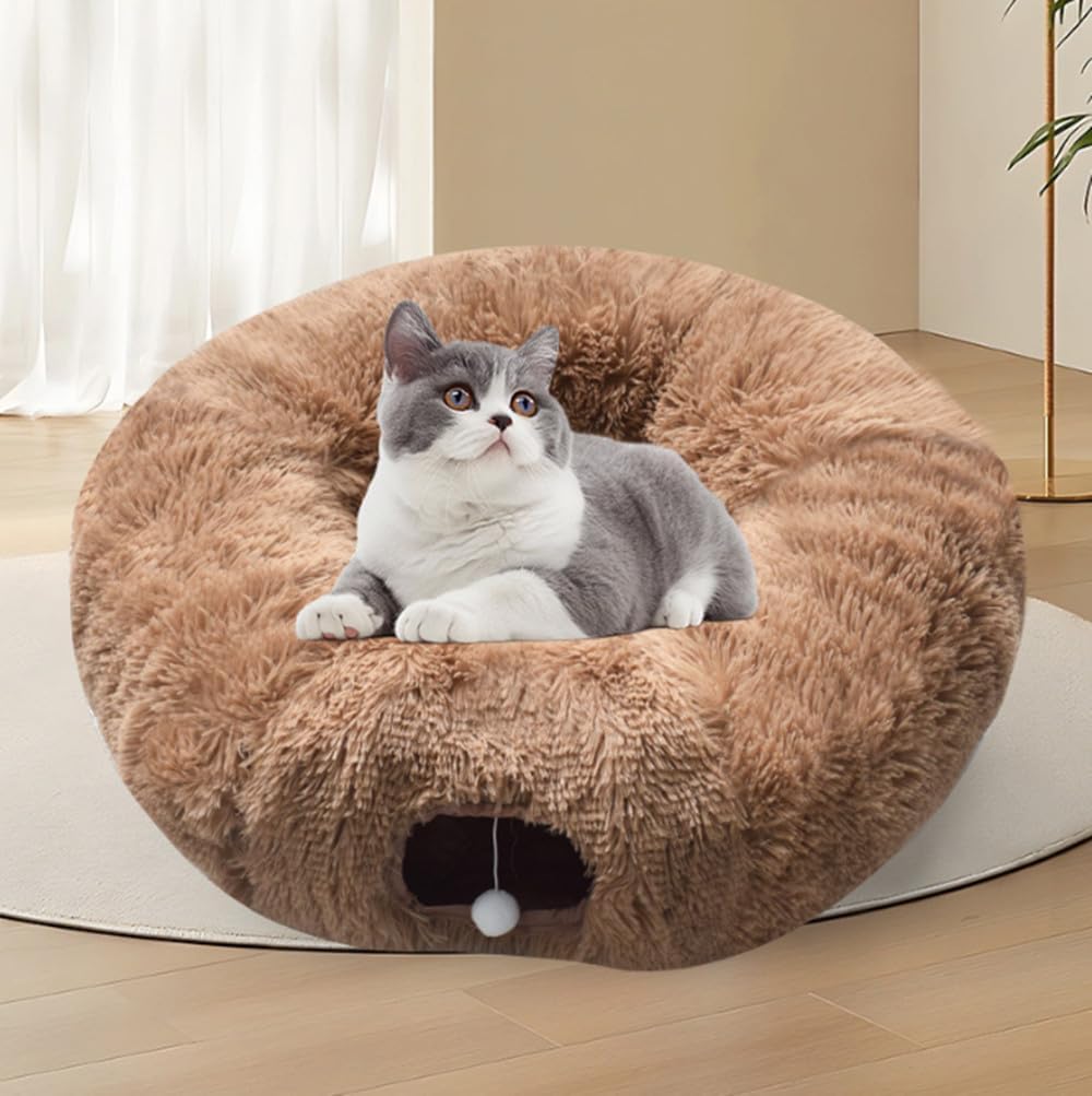 Cat Tunnel Christmas Tree Skirt， Cat Bed Under The Xmas Tree, Soft Plush Kitty Tunnel Bed with Washable Cushion, Two-Entry Peekaboo Round Christmas Cats Donut for Kitten Puppy Rabbit Ferret (Brown)