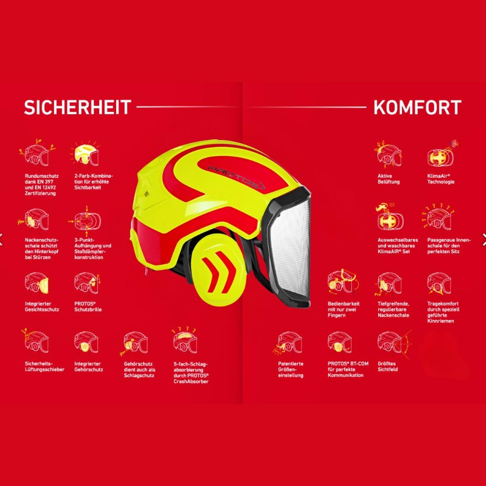 Casque de sécurité Protos Integral Forest 204002-21 - Jaune fluo et rouge certifié KWF - Protection auditive intégrée - Ventilation à 360°