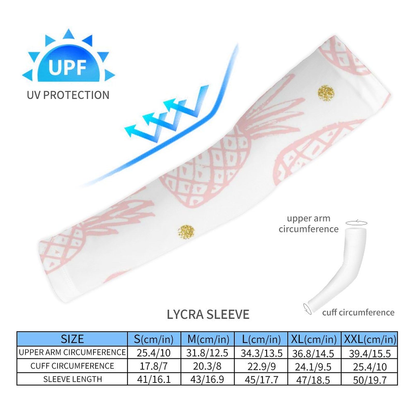 Xmkltbz 1 Pair Cooling Arm Sleeves, Unisex Warmer Spandex Sports Cover Uv Sun Protection for Cycling Golf Running L Print Rose Gold Pink Pineapples Seamless with Golden Polka Dots on White