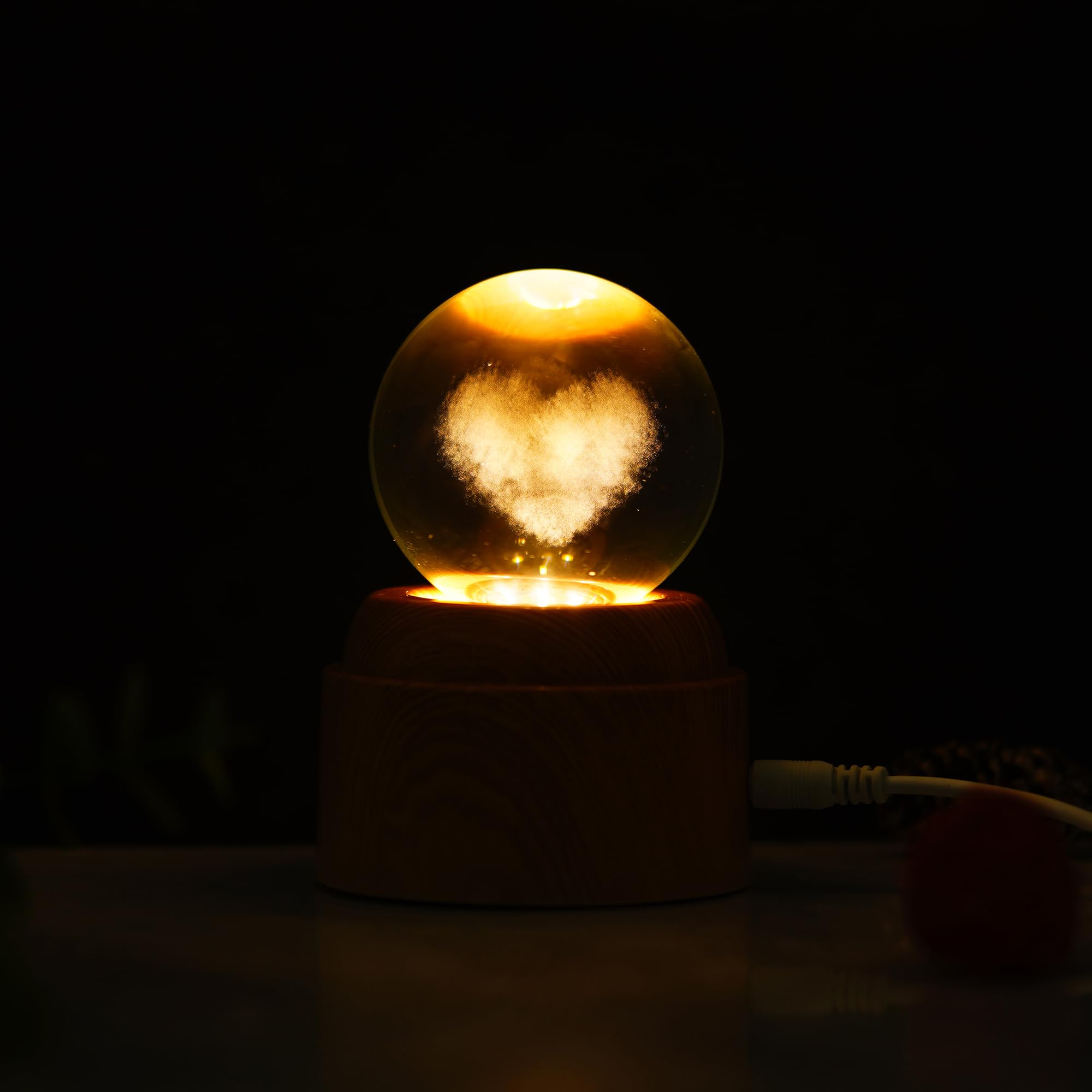 eCraftIndia Glowing Love Heart Transparent Crystal Ball Night Lamp with Wooden Base Showpiece | Table Lamp for Home Decor Bedroom Hotel Living Room Romantic Gift for Valentine Day Birthday Anniversary 4