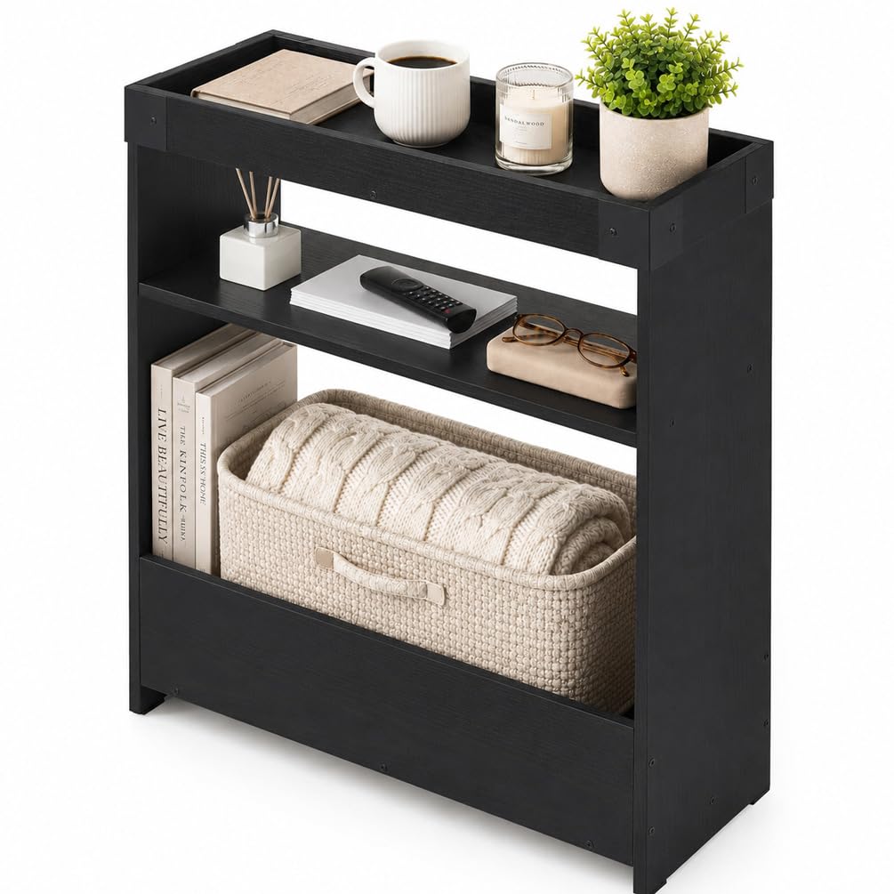ZEXVIDA Farmhouse Narrow Side Table with Magazine Rack, Sofa Couch Side Table with Storage Shelf, Slim End Table for Small Spaces, Modern Nightstand for Bedroom, Living Room, Hallway (Black)