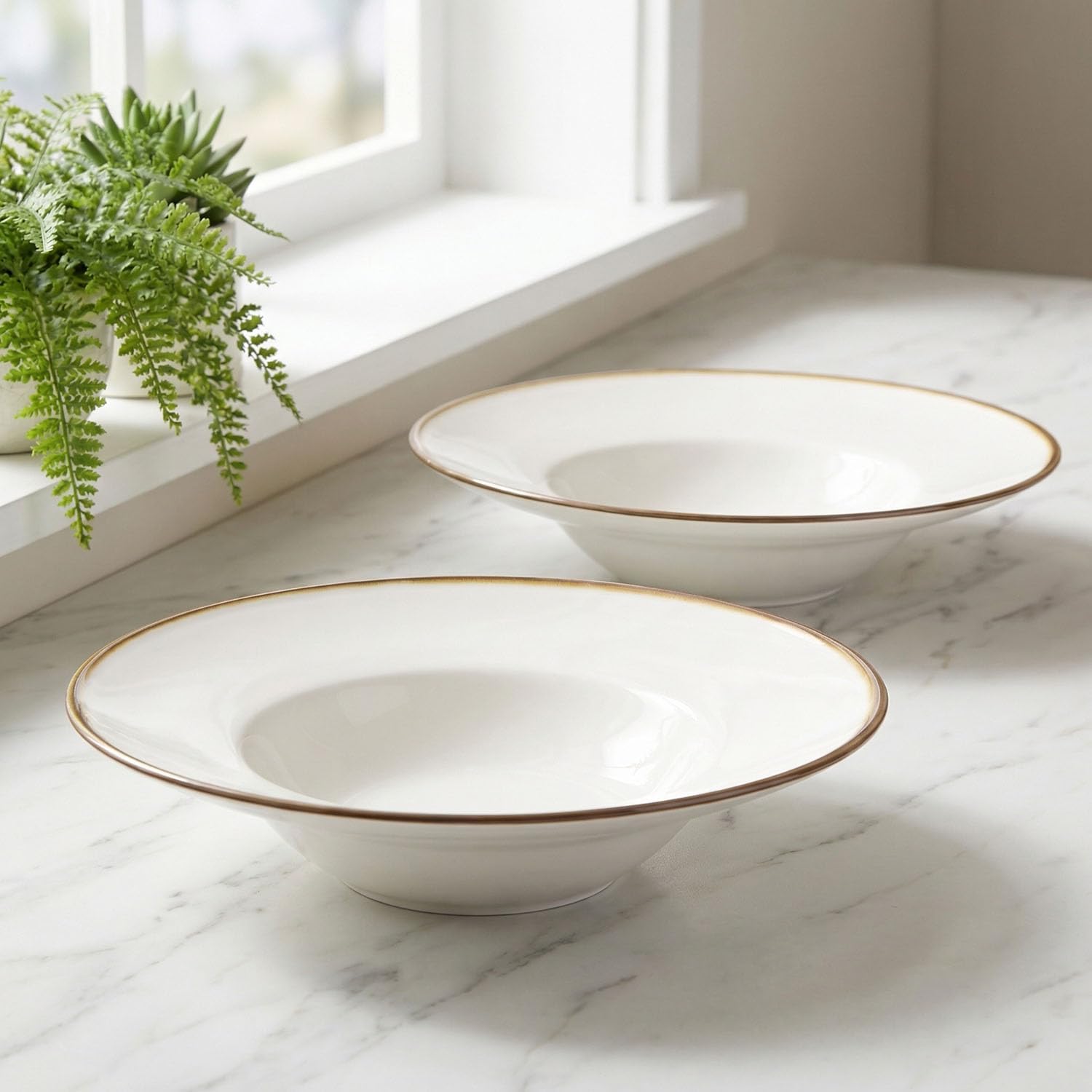 Soup Bowls soup Plate 7 oz Pasta Plate, Set of 4 White Shallow Bowl Plates,Porcelain Rimmed Bowls with Rim, Microwave ovens and refrigerators safe 10.5 Inch