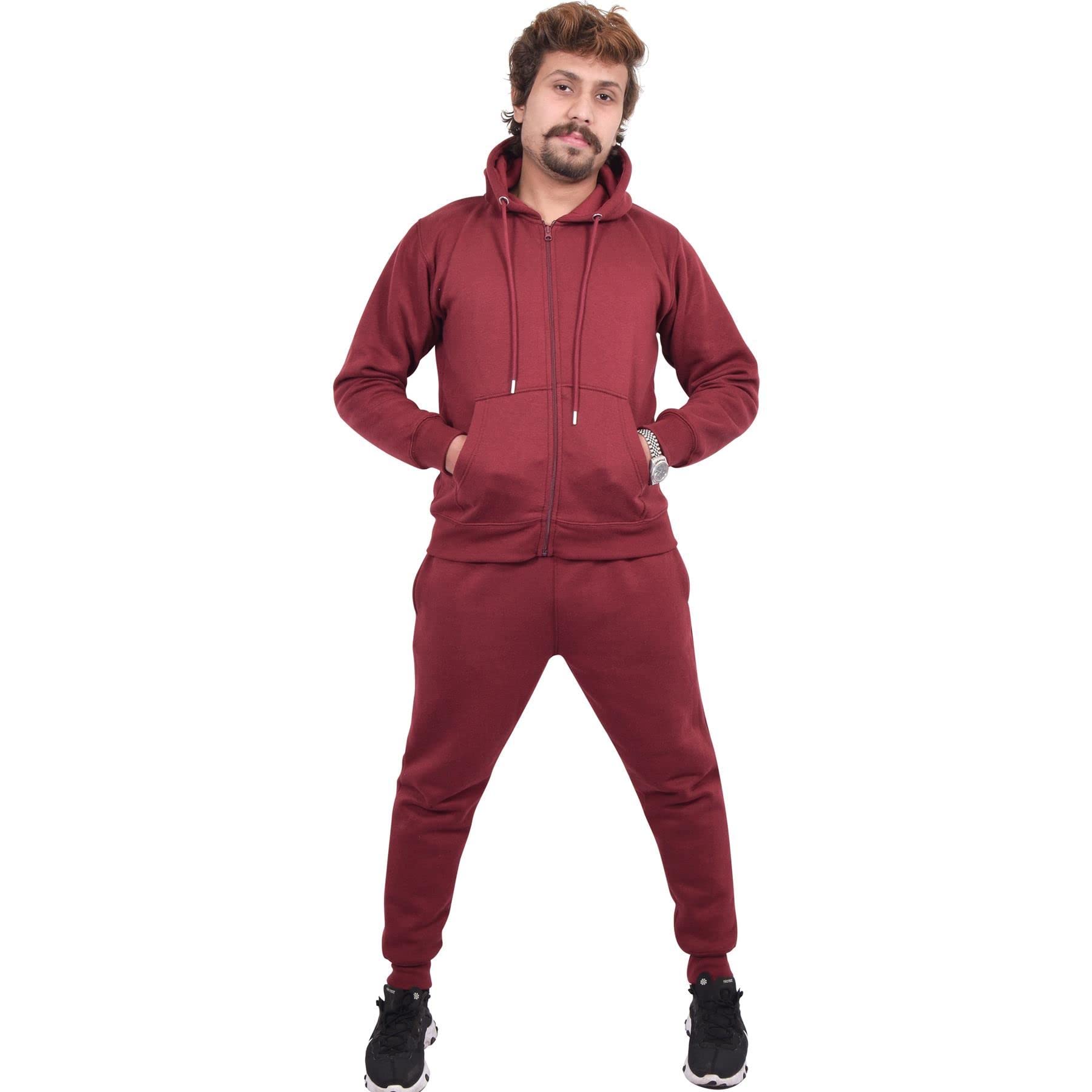 A2Z Mens Plain Hooded Tracksuit Joggers - T.S Plain Wine 4XL