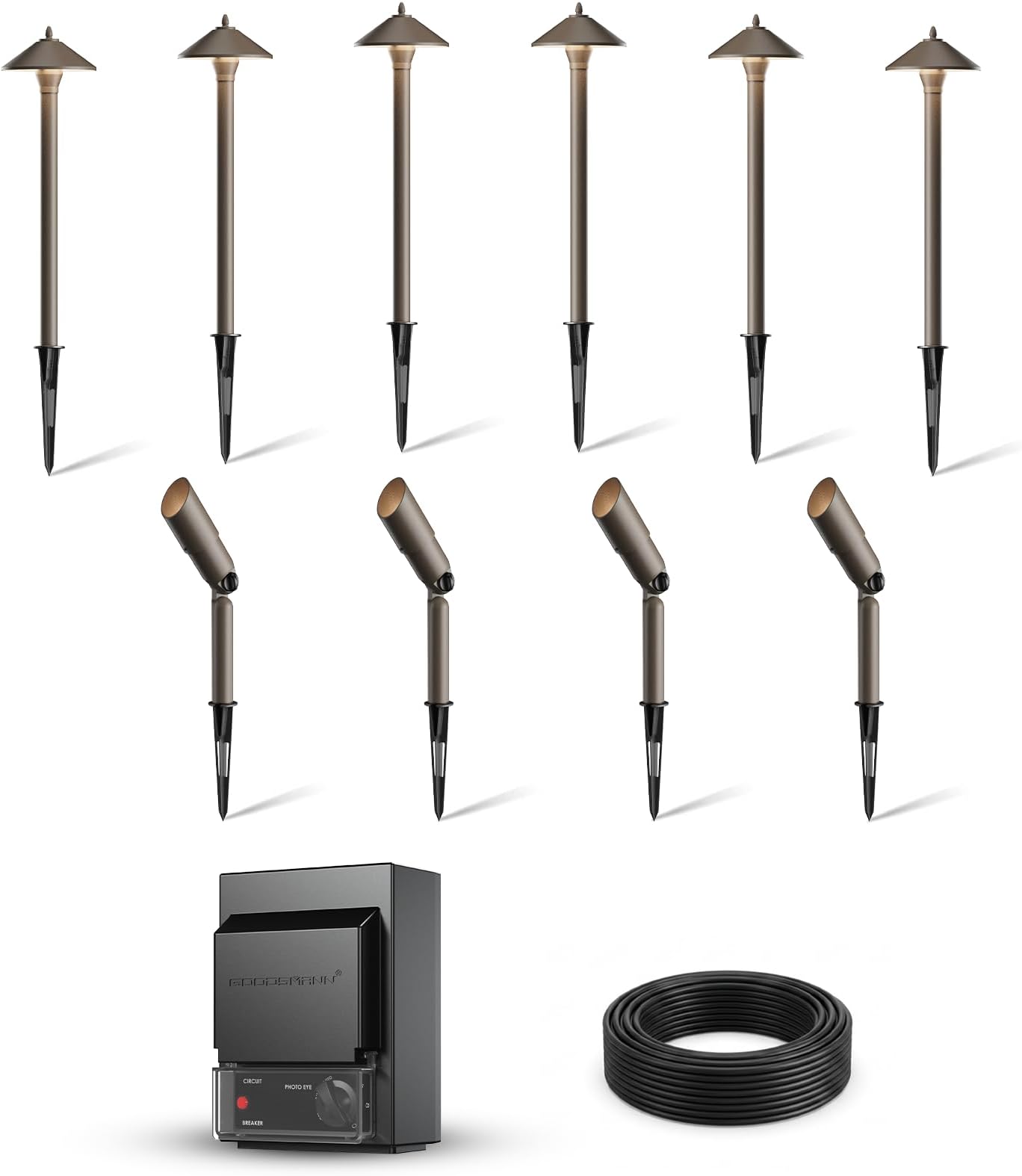GOODSMANN 12V AC Low Voltage Landscape Lighting Kit, 6PCS 10W Halogen Path Lights & 4PCS 20W Halogen Spot/Flood Lights, Bronze Metal Fixtures with 150W Transformer and 75ft 16AWG Wire